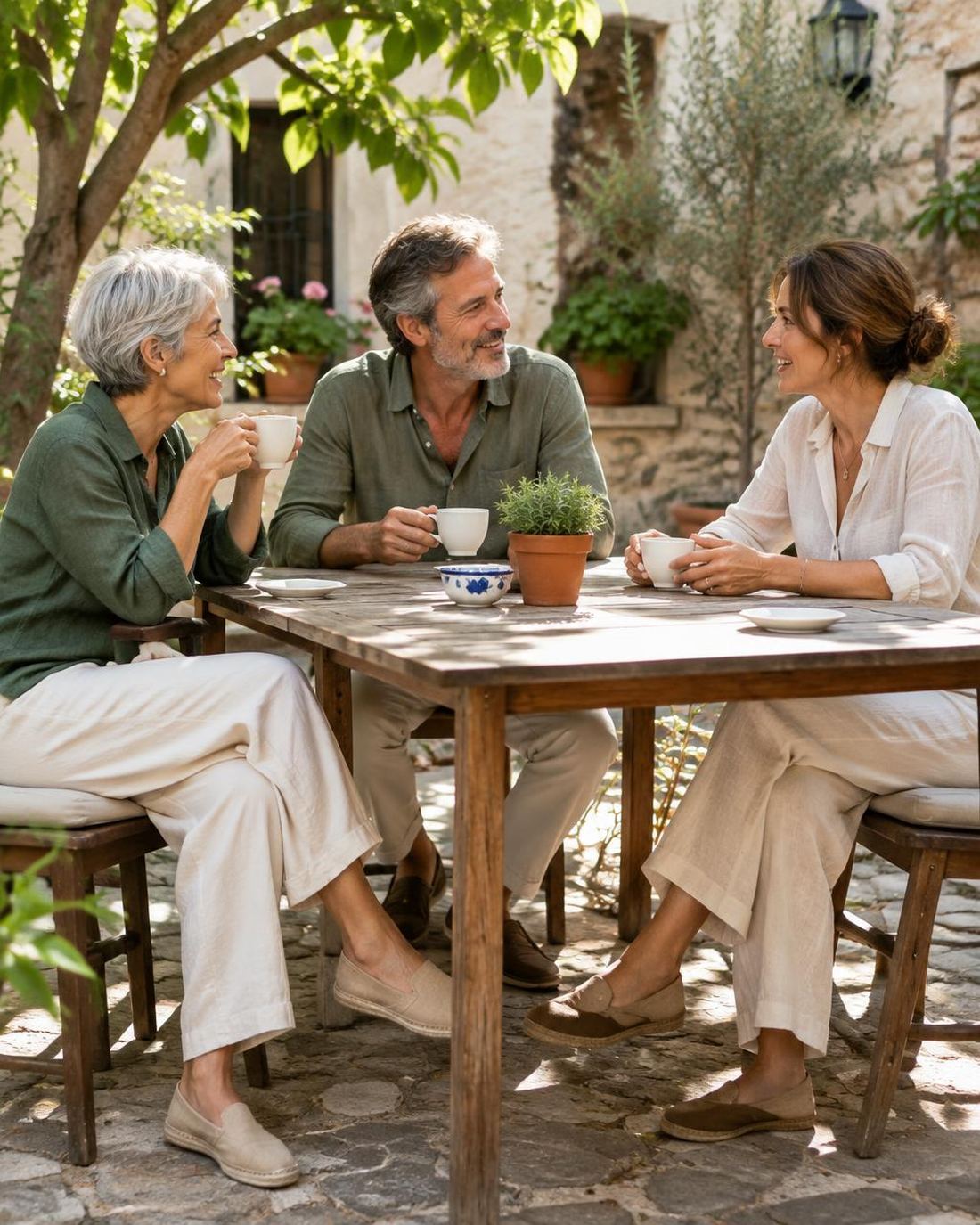 Grupo de amigos adultos con buena salud charlando alegremente alrededor de una mesa